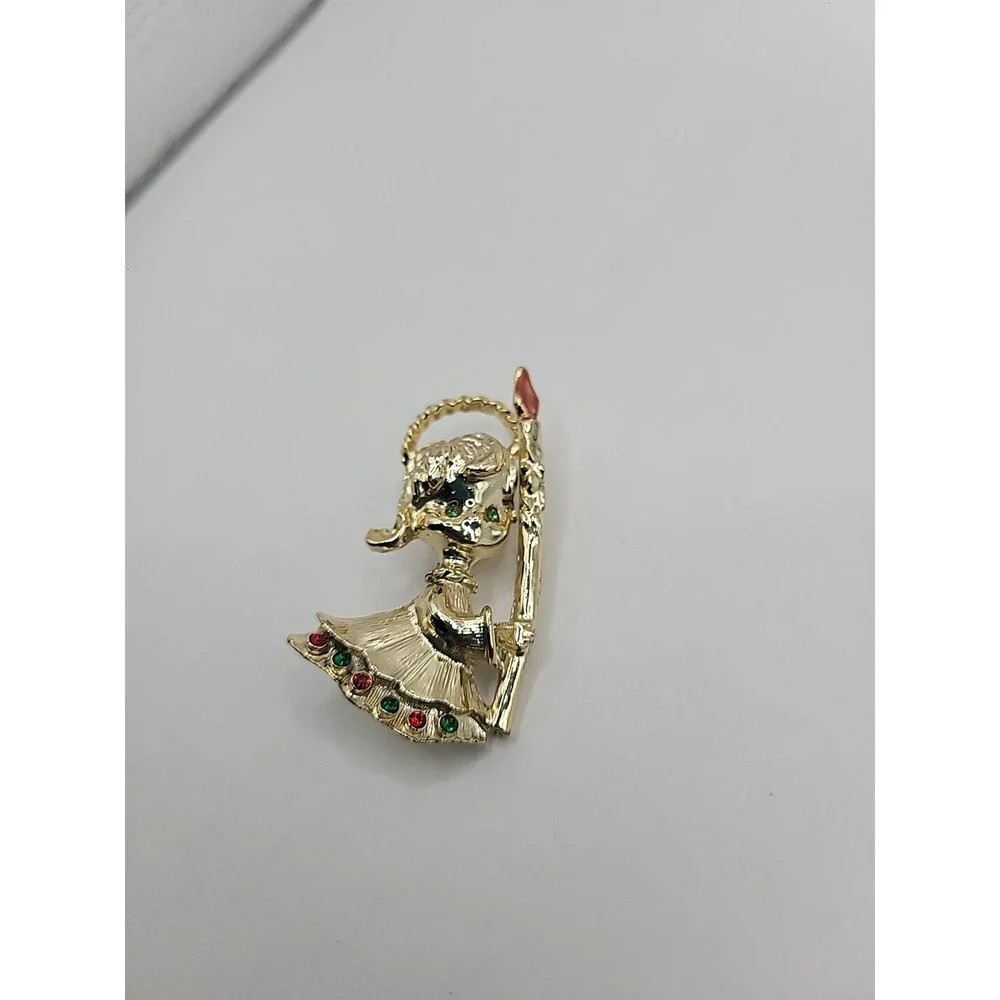 Vintage‎ Christmas Girl Holding Candle Brooch Gold Tone Red Green Rhinestone Pin